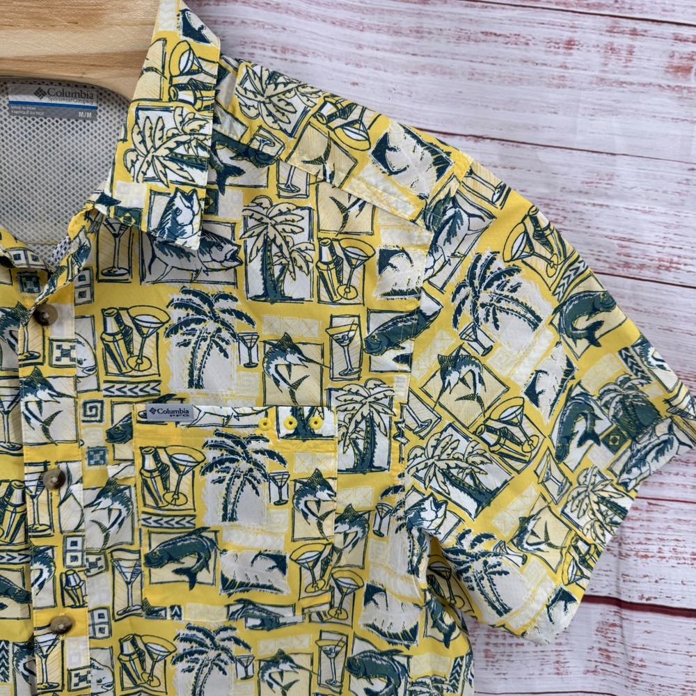 Columbia PFG Shirt Mens Medium Tropical Fish Cocktails Palm Tree Print Vented - Picture 2 of 12
